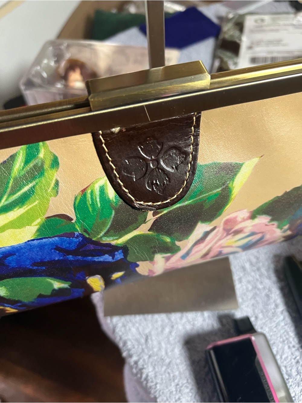 Patricia Nash Gold Floral Leather Frame Clutch with Blue and Pink Roses - Picture 2 of 4